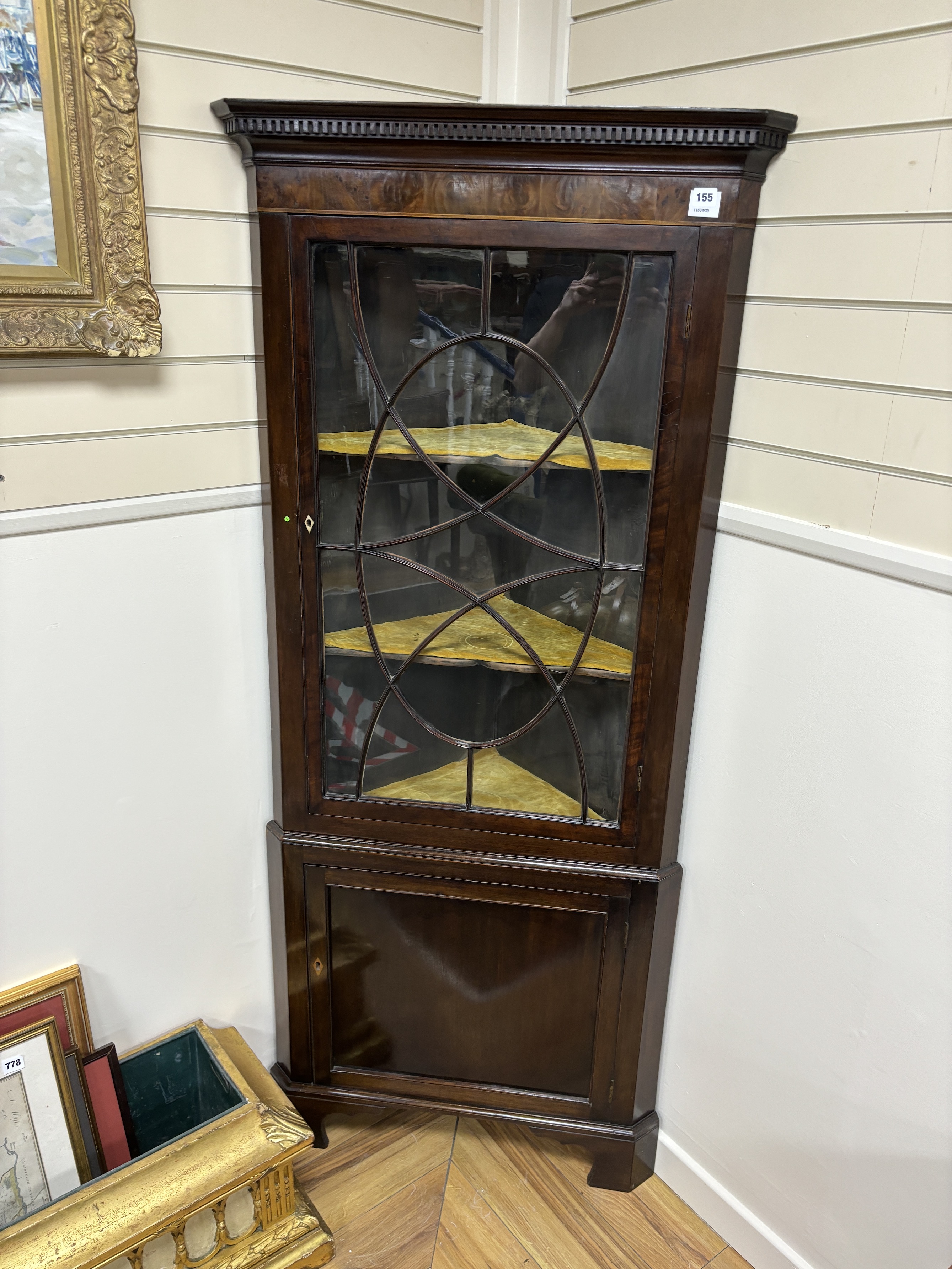 A George III style mahogany standing corner cupboard, width 78cm, depth 48cm, height 187cm